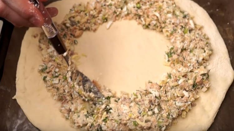 Spread the filling in a circle, avoiding the center of the dough.