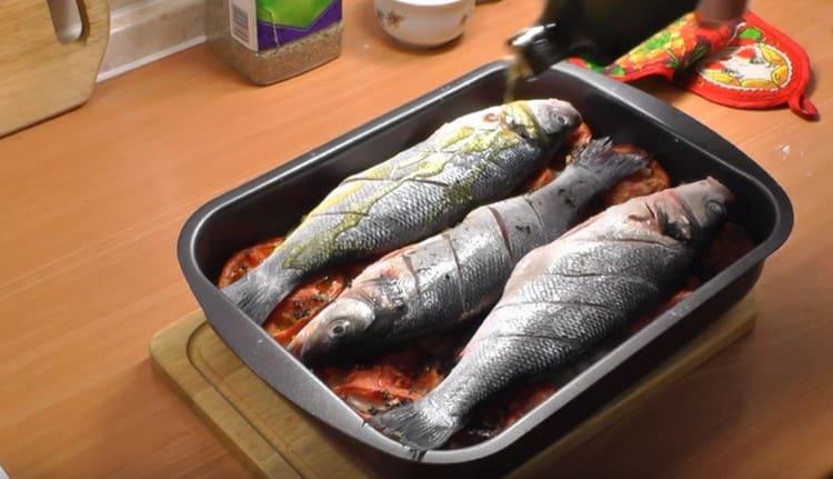 We spread the fish on a vegetable pillow, pour olive oil.