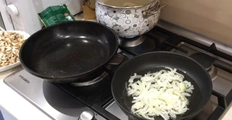 put a piece of butter and onion in one pan.