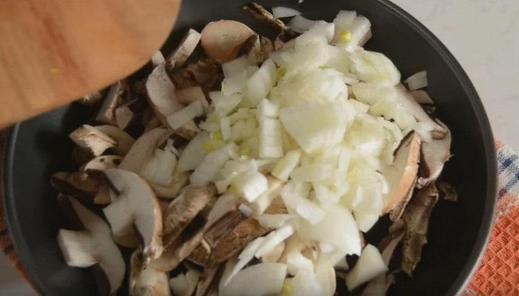 Onions with mushrooms are sent to the pan and fry.