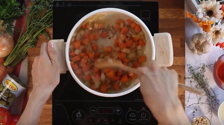 Instead of a rabbit, we put vegetables in a cauldron and fry.