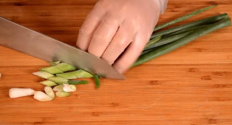 Picar las cebollas verdes oblicuamente.