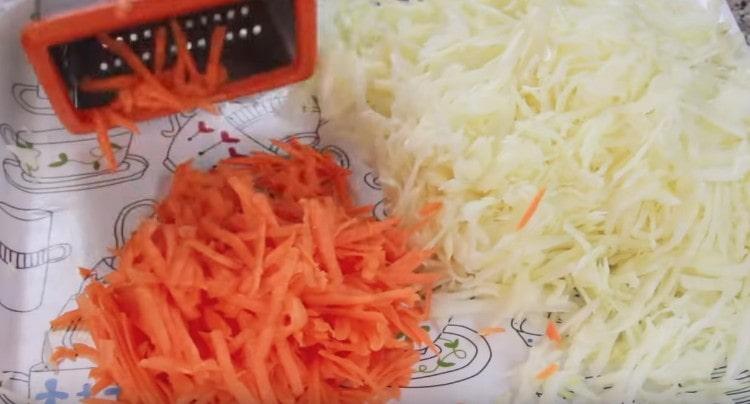 Shred cabbage and three carrots on a grater.