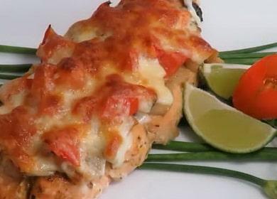 Oven baked pink salmon with cheese and mushrooms, baked in the oven