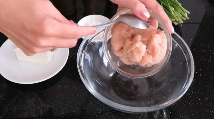 To make Chinese dumplings, prepare the meat