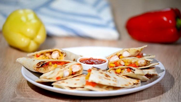 To prepare chicken quesadillas, prepare all the ingredients