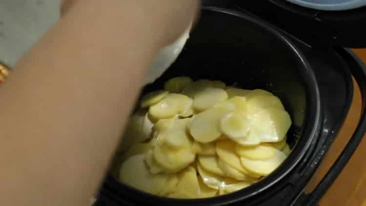 To cook pollock in a slow cooker, put the potatoes in a bowl