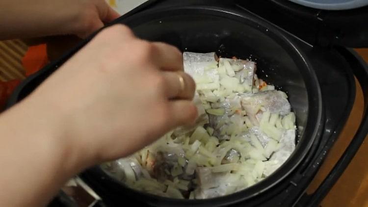 To cook pollock in a slow cooker, put the onions on the fish