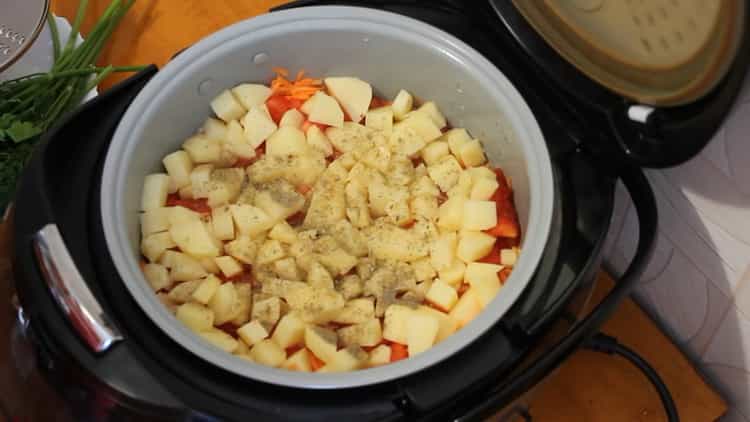 To prepare vegetable stew in a slow cooker, put the ingredients in a bowl
