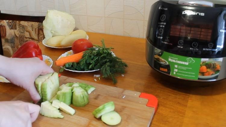 To cook vegetable stew in a slow cooker, cut zucchini