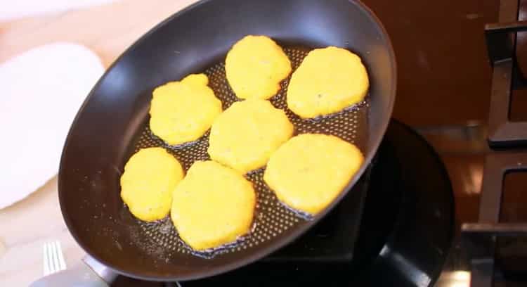 To make pumpkin pancakes, heat a frying pan