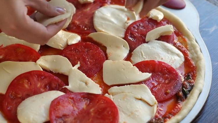 Leg de vulling op het deeg om margarita-pizza te maken
