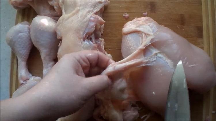 To make Georgian chicken satsivi, chop the meat