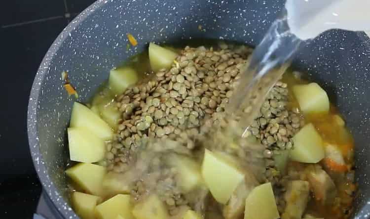 To make lentil and chicken soup, add water