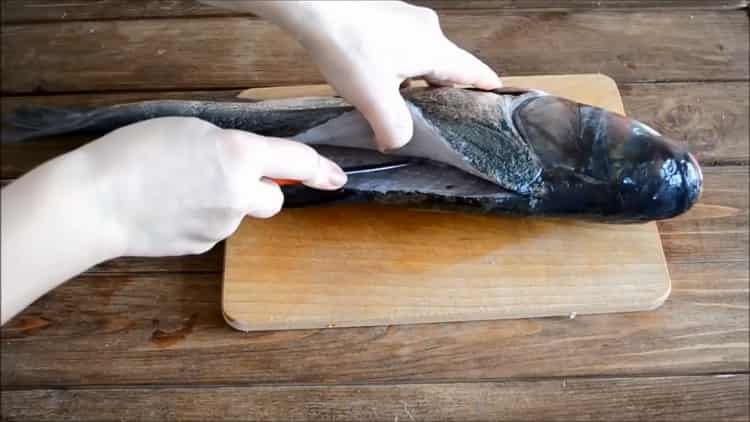 Para preparar una carpa plateada en el horno, haga una incisión en el pescado.
