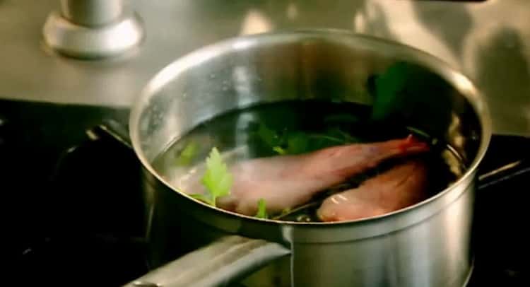 To make rabbit fricassee, cook the broth
