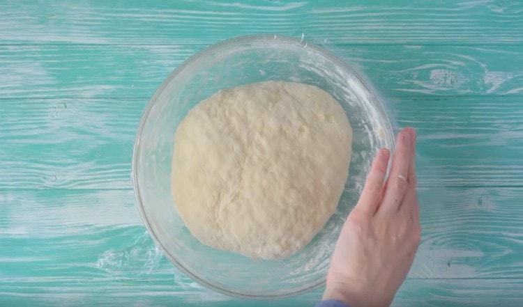 We cover the bowl with the dough with cling film and let it brew for half an hour.