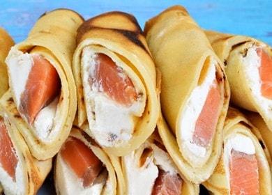 We prepare delicious appetizer pancakes with salmon according to a step-by-step recipe with a photo.