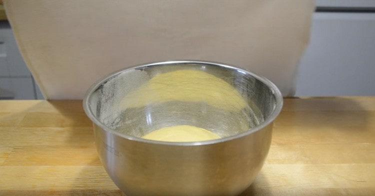 We spread the dough in a bowl sprinkled with flour and leave it to rise in a warm place.