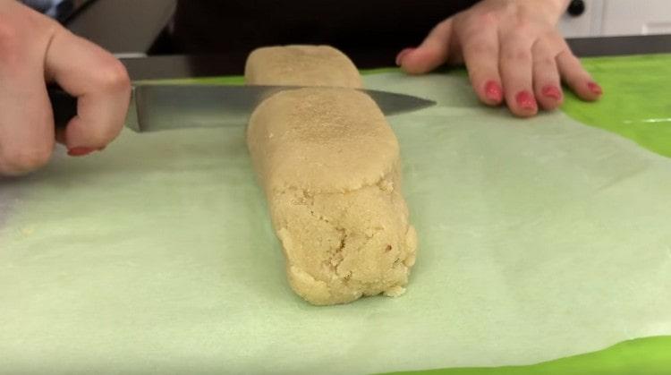 The resulting marzipan is divided in half.