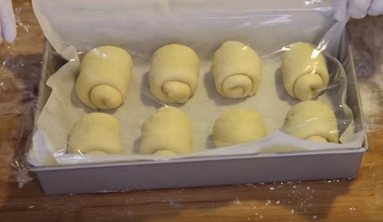 We lay out the formed buns on a baking sheet and leave for an hour under a plastic wrap.