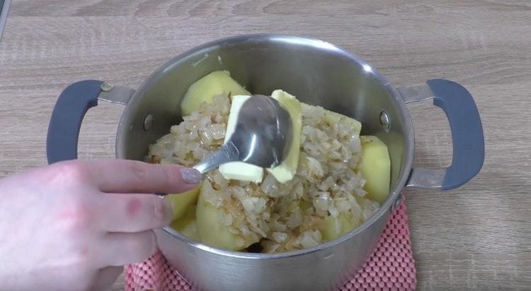 Add onion, salt, pepper, and butter to the finished potato.