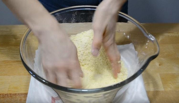 Grind the butter and flour into crumbs.