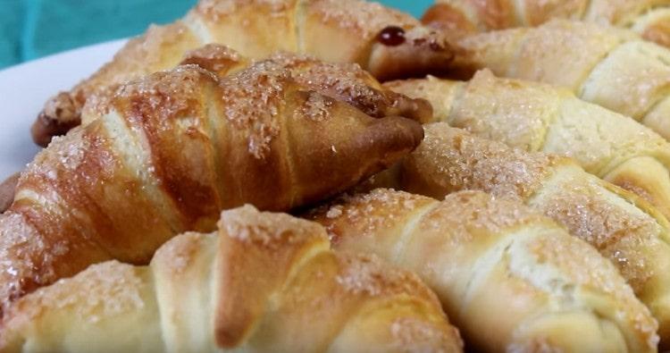 such croissants from puff pastry with condensed milk are baked very quickly.