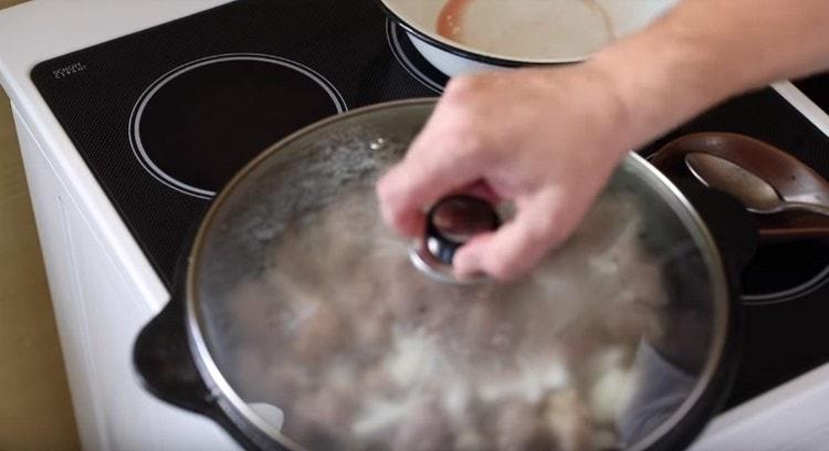 Cubra la carne con cebolla y cocine a fuego lento durante 10 minutos.
