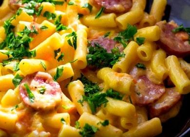 We cook fragrant pasta with sausage according to the recipe with step by step photos.