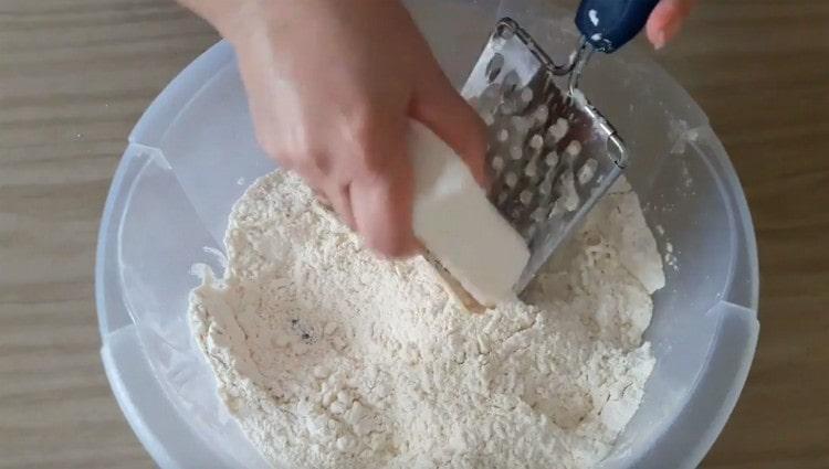 We grate cold butter directly into flour.