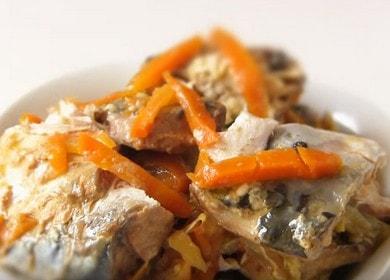 Tasty mackerel with vegetables in a jar in the oven