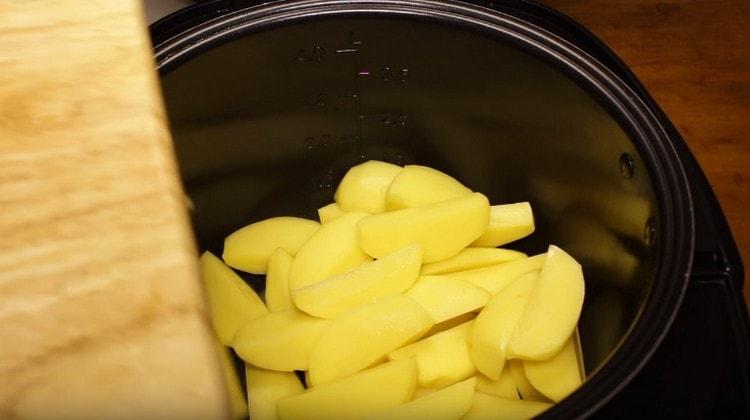 We spread the potatoes in the multicooker bowl.