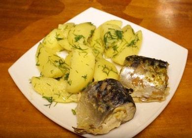 Delicious steamed mackerel in a slow cooker with a garnish