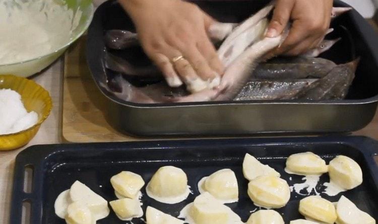 Saler le poisson et graisser la sauce qui reste après les pommes de terre.