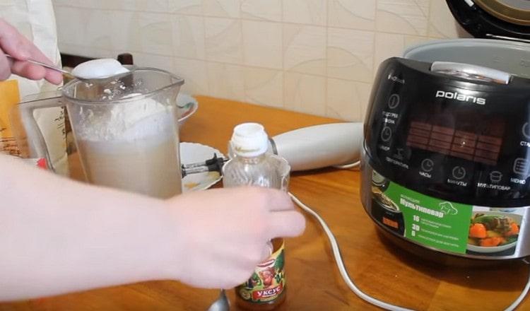 We extinguish soda with vinegar and also add to the dough.