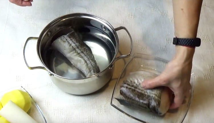 Ponga los trozos de bacalao en el agua y póngalos a cocinar.