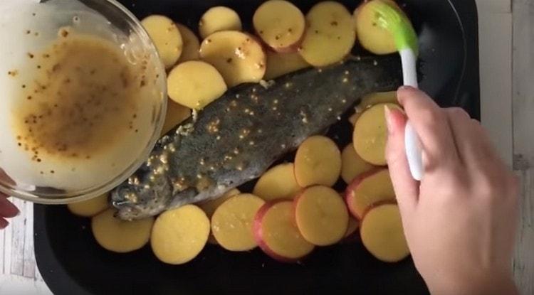 Graisser la truite avec les pommes de terre avec le reste de la sauce.