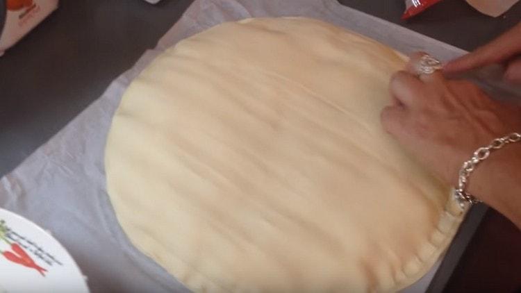 cover the filling with the second layer of dough and pinch the edges.