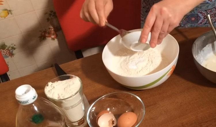 Add soda to the flour.