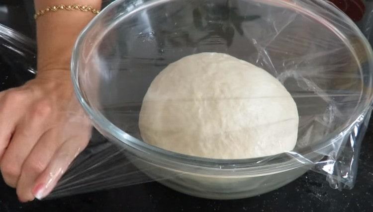 We put the ball of dough in a bowl greased with vegetable oil, tighten it with cling film.