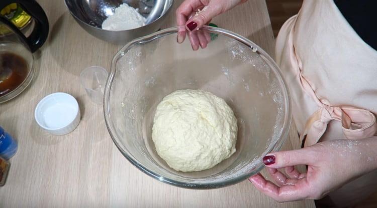 Kneading the dough, put it in a bowl, cover with a film and put in a warm place.