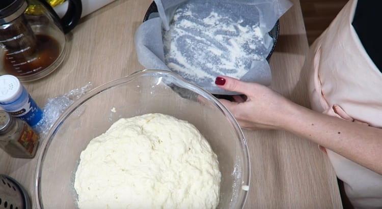 Cover the baking dish with parchment paper and sprinkle with flour.