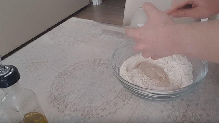 Add the finished dough to the flour.