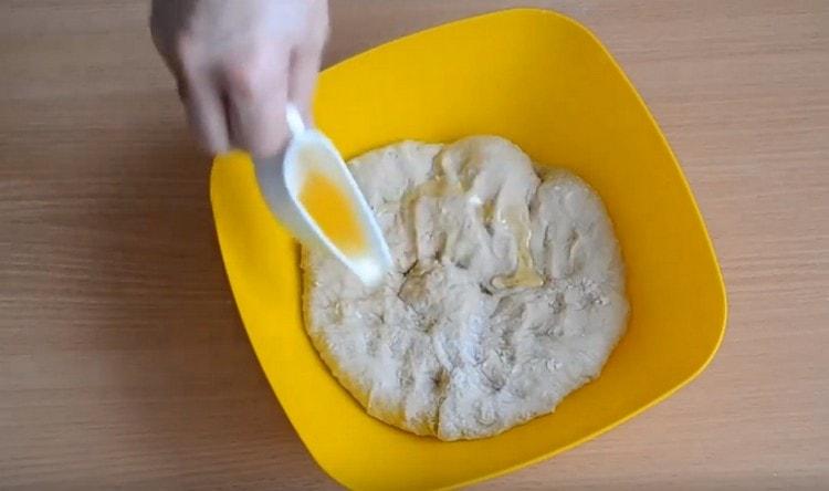 Water the dough with olive oil.