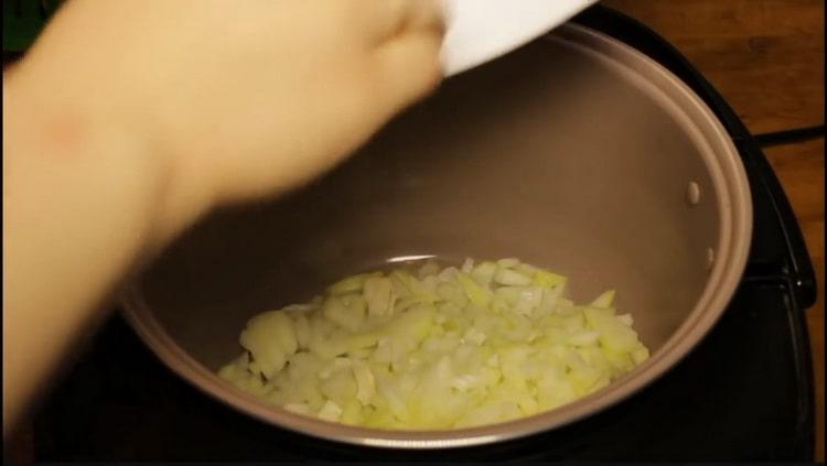 Para cocinar salmón rosado en una olla de cocción lenta, fríe las cebollas.