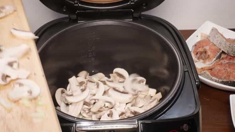 To cook pink salmon, saute the mushrooms