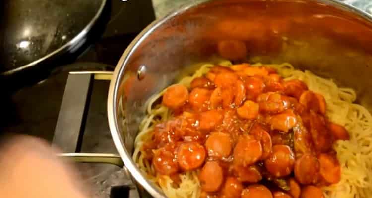 Spaghetti with sausages step by step recipe with photo