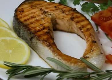 Pan-fried salmon steak fried in a pan