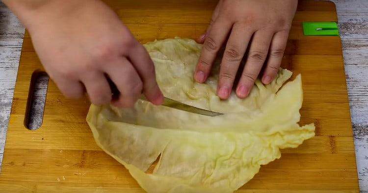 We cut the cabbage leaf in half, removing a thick vein.